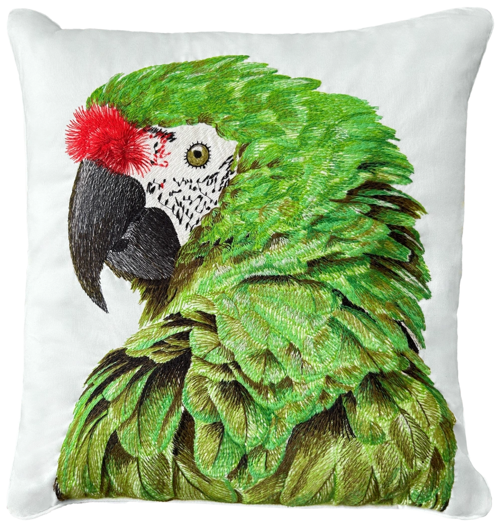 Green Parrot Embroidered Pillow